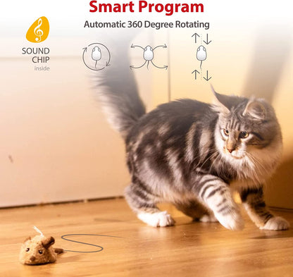 Interactive Moving Mouse Cat Toy with Realistic Squeaky Sound, Automatic Mouse Toys for Indoor Cats, Electronic Mouse Toy for Self Play & Exercise(Brown Ear)